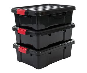 Iris Ohyama, Boîtes de rangement plastique avec couvercle et fermeture à Clips, 25L, Lot de 3, Empilables, Emboîtable, Sans BPA, Grenier, Cabanon, Garage, Garage, SK-230, Noir