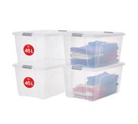 Iris Ohyama, Boite Rangement Plastique avec Couvercle, 45L, Lot de 4, Argent, Clips de Fermeture, Poignée,Empilable, Organisation Solide et Durable, pour Chambre, Dressing, Bureau, NTB-45