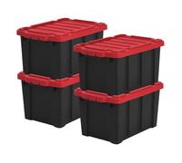 Iris Ohyama, Caisse Rangement avec Couvercle Robuste, 21L, Lot de 4, Rouge, Compact, Durable, Empilable, pour Garage, Etagères, Déménagement, Plastique, Boite a Outils, Bac de Rangement, DDSKT-210