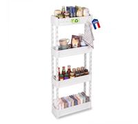Iris Ohyama, Chariot Rangement Etroit pour Cuisine, 4 Etages, SRC-4 Blanc | Desserte cuisine sur roulette avec crochets amovibles. Utilisable comme meuble wc etroit ou salle de bain pour gain de place