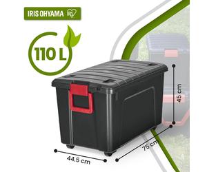 Iris Ohyama, grande boîte de rangement en plastique, 110 l, boîte de garage, noire, empilable, fermetures à cliquet robustes avec poignées, SIA-110