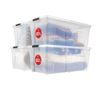 Iris Ohyama, Grande Boite Rangement Plastique avec Couvercle, 80L, Lot de 4, Transparent, Clips de Fermeture, Poignée, Empilable, Portable, Solide & Durable, pour Literie, Dressing, Chambre, TB-84D