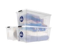 Iris Ohyama, Grande Boite Rangement Plastique avec Couvercle, 80L, Lot de 3, Transparent, Clips de Fermeture, Poignée, Empilable, Portable, Solide & Durable, pour Literie, Dressing, Chambre, TB-84D