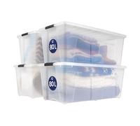 Iris Ohyama, Grande Boite Rangement Plastique avec Couvercle, 80L, Lot de 4, Transparent, Clips de Fermeture, Poignée, Empilable, Portable, Solide & Durable, pour Literie, Dressing, Chambre, TB-84D