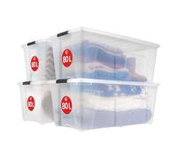 Iris Ohyama, Grande Boite Rangement Plastique avec Couvercle, 80L, Lot de 4, Transparent, Clips de Fermeture, Poignée, Empilable, Portable, Solide & Durable, pour Literie, Dressing, Chambre, TB-84D
