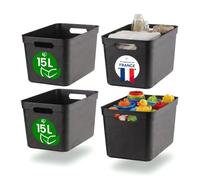 Iris Ohyama, Lot de 4 Bacs de Rangement en Plastique, 15L, Noir, Empilables, pour Cuisine, Salle de Bain, Chambre, Placard, Bureau, Organisation Solide & Durable, SNL-15D