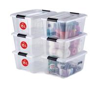 Iris Ohyama, Boite Rangement Plastique avec Couvercle, 15L, Lot de 6, Transparent, Clips de Fermeture, Poignée, Empilable, Organisation Solide & Durable, pour Chambre, Dressing, Bureau, NTB-15