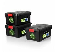 Iris Ohyama, Malle, Boîte de rangement plastique, avec Couvercle et Clips de fermeture, 40L, Lot de 3, Empilable, Sans BPA, Grenier, Cabanon, Garage, SIA-40, Noir