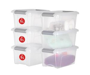 Iris Ohyama, Petite Boite Rangement Plastique avec Couvercle, 5L, Lot de 6, Argent, Clips de Fermeture, Poignée, Empilable, Organisation Solide et Durable, pour Chambre, Dressing, Bureau, NTB-5