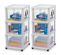Iris Ohyama, Tour de Rangement Plastique à Roulettes, Lot de 2, 3 Grands Tiroirs, Blanc, Ouverture Facile, Rangement, pour Salle de Bain, Chambre, Caisson, Organisateur, Sans BPA, KMC-303