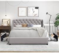 Iris - Solide et Confortable Lit 160x200 avec Sommier avec 4 tiroirs + Tete de lit Couleur Gris + Pieds en 4 cm - 13 Lattes - revetement PVC Simili Facile d'entretien - Montage Rapide et Facile