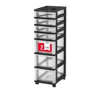 IRIS USA Chariot de rangement à tiroirs en plastique, avec roulettes, 7 tiroirs, pour salle de ournitures artistiques, commode, placard, salle de bain, buanderie, noir/transparent