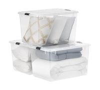 IRIS USA Lot de 3 grands bacs de rangement empilables en plastique avec couvercles et boucles à loquet, transparents pour la maison et le bureau, boîte fourre-tout emboîtable durable de 144 l