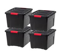IRIS USA Lot de 4 bacs de rangement fourre-tout en plastique avec couvercle durable et boucles de verrouillage sécurisées, empilables et emboîtables, noir avec boucles rouges