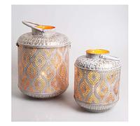 IRL5020 Suraya Lot de 2 lanternes orientales style shabby chic blanc doré en métal photophore marocain debout et suspendu pour Pâques, fête des mères, mariage, décoration