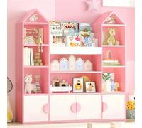 IRONCK Bibliothèque Enfant, Meuble Rangement Jouet, Meuble de Rangement Enfant, Étagère Ouverte à 4 Portes et 10 Étages, Design château, adapté d'enfant, Salon, Salle de Jeux 123.5x33x127cm (Rose)