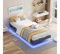 IRONCK Lit Flottant 90x200 cm avec Lumières LED et Multiprise, Gris | Cadre de Lit 90x200 avec 2 Prises AC, 1 USB-A et 1 USB-C, Lit 1 Personne Flottant avec Sommier Métal, Facile à Assembler