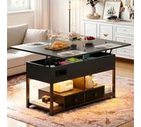 IRONCK Table Basse Relevable Extensible, Table de Salon avec lumières LED et Multiprise, 2 Prises CA, 1 Ports USB & 1 USB C, Table à Manger avec 2 tiroirs, Etagère de Rangement Bois, 100×80cm (Noir)