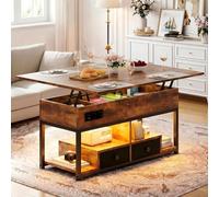 IRONCK Table Basse Relevable Extensible, Table de Salon avec lumières LED Multiprise, 2 Prises CA, 1 Ports USB & 1 USB C, Table à Manger, 2 tiroirs, Etagère de Rangement Bois 100×80cm (Marron Vintage)