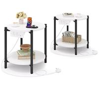 IRONCK Table d'Appoint Ronde, Bout de Canape avec Multiprise, 2 Prises CA, Port USB et Port Type-C, Petite Table Bois 2 Etages, Table de Chevet, pour Salon, Chambre (Blanc, 2 pièces)