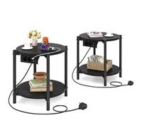 IRONCK Table d'Appoint Ronde, Bout de Canape avec Multiprise, 2 Prises CA, Port USB et Port Type-C, Petite Table Bois 2 Etages, Table de Chevet, pour Salon, Chambre (Noir, 2 pièces)