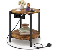 IRONCK Table d'Appoint Ronde, Bout de Canape avec Multiprise, 2 Prises CA, Port USB et Port Type-C, Petite Table Bois 2 Etages, Table de Chevet, pour Salon, Chambre (Marron Vintage, 1 pièce)