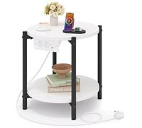 IRONCK Table d'Appoint Ronde, Bout de Canape avec Multiprise, 2 Prises CA, Port USB et Port Type-C, Petite Table Bois 2 Etages, Table de Chevet, pour Salon, Chambre (Blanc, 1 pièce)