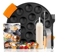 IRONO Poêle à Pancakes - Poêle à Mini Crepe en Fonte - 19 Mini Crêpes | Poêle à Crêpes & Pancake - Pinceau à Beurre, Fourchette Réversible, 6 Fourchettes, Bouteille de Pâte, Poignées Incluses