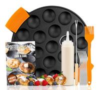 IRONO Poêle à Pancakes - Poêle à Mini Crepe en Fonte - 19 Mini Crêpes | Poêle à Crêpes & Pancake - Pinceau à Beurre, Fourchette Réversible, 6 Fourchettes, Bouteille de Pâte, Poignées Incluses