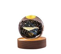 ISAKEN Boule de Cristal 3D, Petite Boule de Verre LED avec Base d'éclairage en Bois, veilleuse en Boule de Cristal 3D Accents du système Solaire Décoration Veilleuse pour garçons et Filles