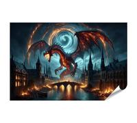 islandburner Poster Dragon Speit Feuer über der Stadt Fantasy Feuerdrache Premium Image Photographie