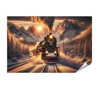 islandburner Poster XXL - Motif train à vapeur dans un paysage enneigé au coucher du soleil - Impression photo de qualité supérieure