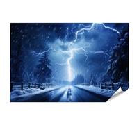 islandburner Poster XXL - Orage avec éclairs sur route enneigée - Impression photo de qualité supérieure
