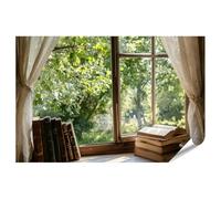 islandburner Poster XXL représentant un livre sur une vieille fenêtre dans le vert pour la bibliothèque, les amateurs de livres, impression photo de qualité supérieure
