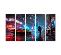 islandburner Prime Image sur toile Cyberpunk Nuit Ville Scène Pluie Lumières Voiture Homme Marche - Toile 160 x 80 cm - 5 pièces XXL