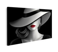 islandburner Tableau sur toile femme avec chapeau et lèvres rouges en noir et blanc pour chambre à coucher, amateurs de mode, salon de coiffure, images murales poster