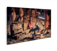 islandburner Tableau sur toile Lieu de travail de cordonnier vintage avec brosse et chaussures Cadre Affiche Poster Murale Tableaux