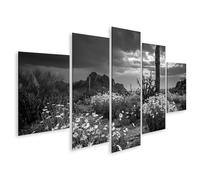 islandburner Tableau sur toile noir et blanc avec cactus et fleurs au coucher du soleil, 5 pièces