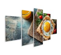 islandburner Tableau sur toile pour petit-déjeuner, œuf, pâte feuilletée, tomates, persil, planche en bois, jus de fruits, images murales poster