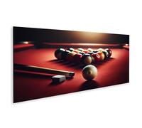 islandburner Tableau sur toile - Table de billard avec disposition de boules colorées et queue - Éclairage mural