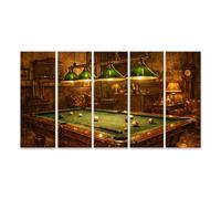 islandburner Tableau sur toile - Tableau mural nostalgique d'une salle de billard avec lampes vertes - 5 pièces - XXL