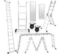 ISOISL Échelle multifonctionnelle en aluminium 7 en 4, avec 4 marches, environ 470 cm / 4,7 m, échelle pliante et articulée avec 2 plateformes et des roulettes de transport, capacité de charge maximal
