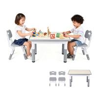 ISOISL Table pour enfant avec 2 chaises - Hauteur réglable sur 7 positions - 80 x 60 cm - Table à peindre et bureau - Gris - Impression bois
