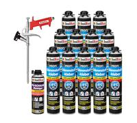 Isolbau B2 Lot de 12 tubes de colle périmétrique 750 ml, 1 nettoyant en mousse polyuréthane et 1 pistolet à mousse pour plaques EPS et XPS - Mousse adhésive en polyuréthane 1K pour fixation et