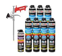 Isolbau B2 Lot de colle isolante - 7 x 750 ml - Pour périmètre, 1 x nettoyant pour mousse PU & 1 x pistolet à mousse pour plaques EPS & XPS - Mousse PU 1K pour isolation et isolation thermique