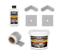ISOLBAU Kit de joints d'étanchéité pour douche, salle de bain, cuisine - Film liquide 4 kg, 2 angles intérieurs, 2 manchettes murales, bande d’étanchéité de 5 m, couche de fond PRO 1 litre