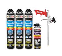 Isolbau Lot de 3 tubes de colle isolante B2 - 750 ml de colle périmétrique, 1 nettoyant en mousse polyuréthane et 1 pistolet à mousse pour plaques EPS et XPS - Mousse adhésive en polyuréthane 1K pour