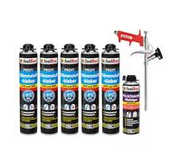 Isolbau Lot de 5 tubes de colle isolante B2 - 750 ml de colle périmétrique, 1 nettoyant en mousse polyuréthane et 1 pistolet à mousse pour plaques EPS et XPS - Mousse adhésive en polyuréthane 1K pour