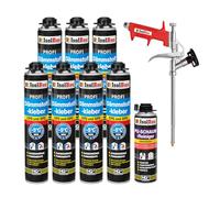 Isolbau Lot de 7 tubes de colle isolante B2 - 750 ml de colle périmétrique, 1 nettoyant en mousse polyuréthane et 1 pistolet à mousse pour plaques EPS et XPS - Mousse adhésive en polyuréthane 1K pour