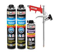 Isolbau Lot de colle isolante B2 - 2 x 750 ml de colle périmétrique, 1 nettoyant en mousse polyuréthane et 1 pistolet à mousse pour plaques EPS et XPS - Mousse adhésive en polyuréthane 1K pour fixer